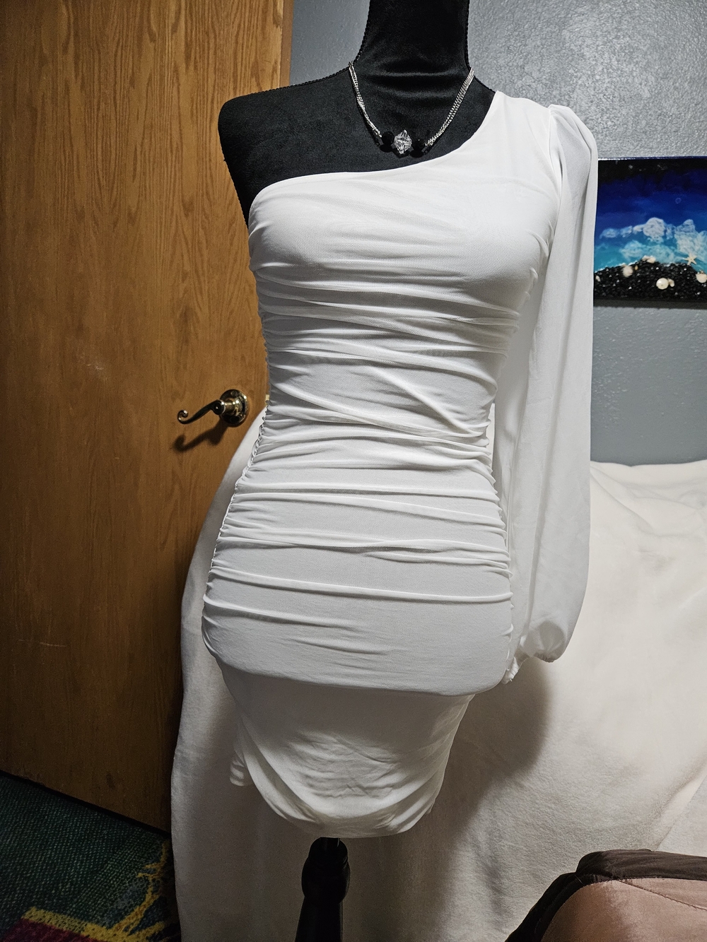 Elegant One-Shoulder White Ruched Dress with Long Sleeve